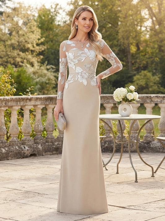 Loverlm champagne mermaid mother of the bride dress with white floral lace, illusion neckline, sheer long sleeves and floor-length skirt
