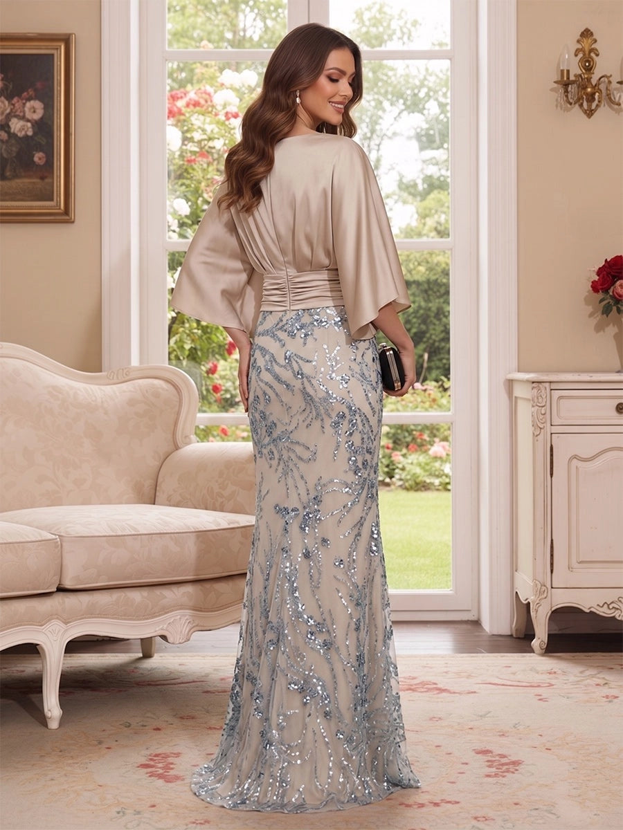 Elegant Trumpet Bateau-Neck Dolman-Sleeve Closed-Back Floor-Length Mother of the Bride Dress