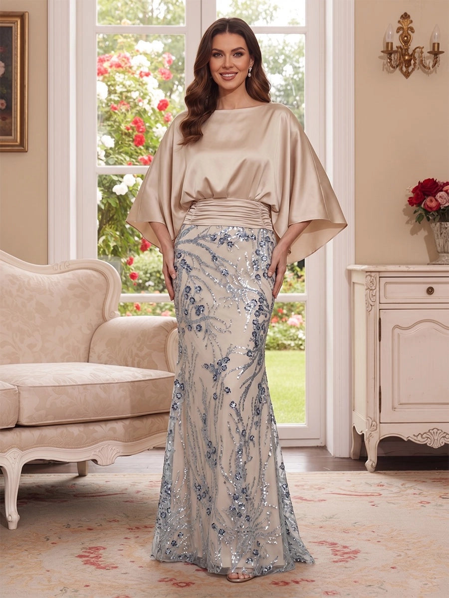 Loverlm champagne mother of the bride dress with bateau neckline, flowing dolman sleeves, ruched waist and silver-blue floral sequin skirt front view