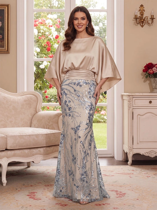 Loverlm champagne mother of the bride dress with bateau neckline, flowing dolman sleeves, ruched waist and silver-blue floral sequin skirt front view