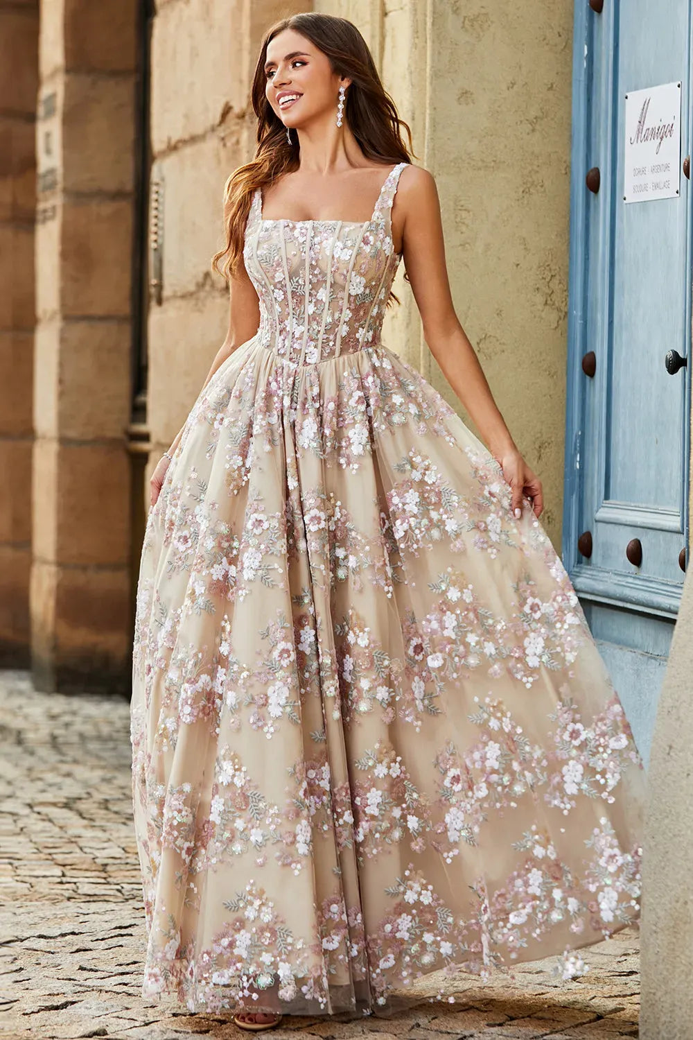 Loverlm champagne floral A-line prom dress with square neckline, embroidered illusion corset bodice and flowing floor-length skirt