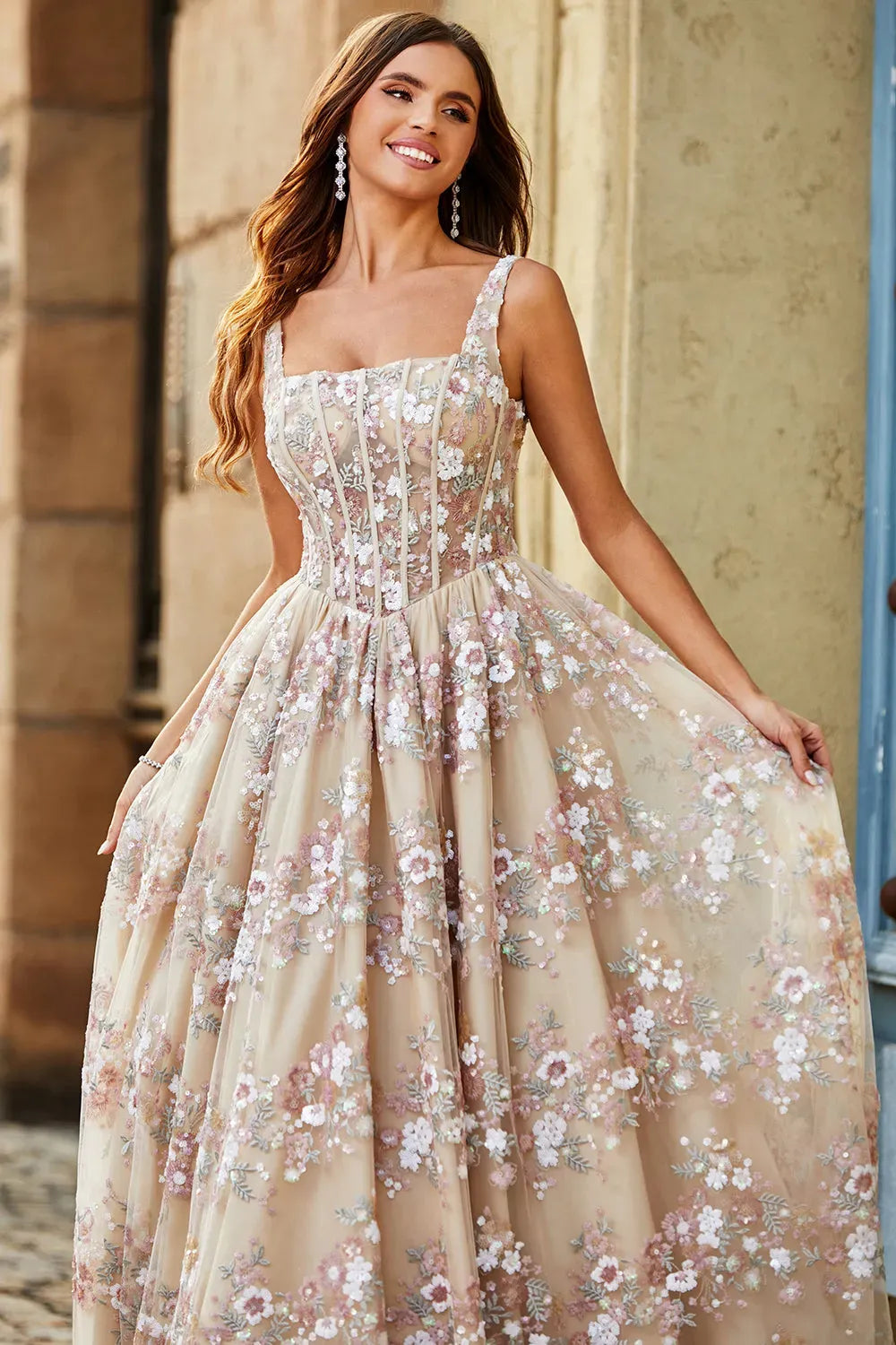 Romantic A-Line Square Neck Sleeveless V-Back Floral Floor-Length Champagne Prom Dress