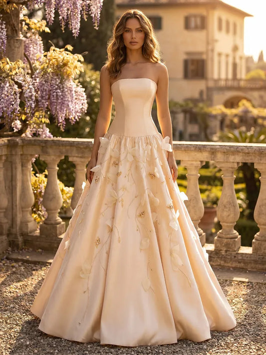 Loverlm champagne floral strapless satin A-line floor length prom dress front view