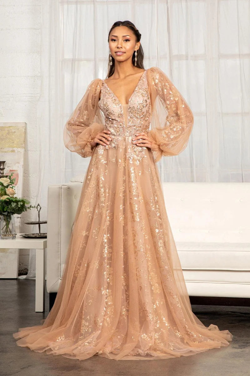 Loverlm champagne glitter V-neck long sleeve floor-length evening dress front view