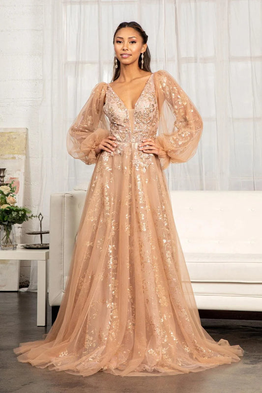 Loverlm champagne glitter V-neck long sleeve floor-length evening dress front view