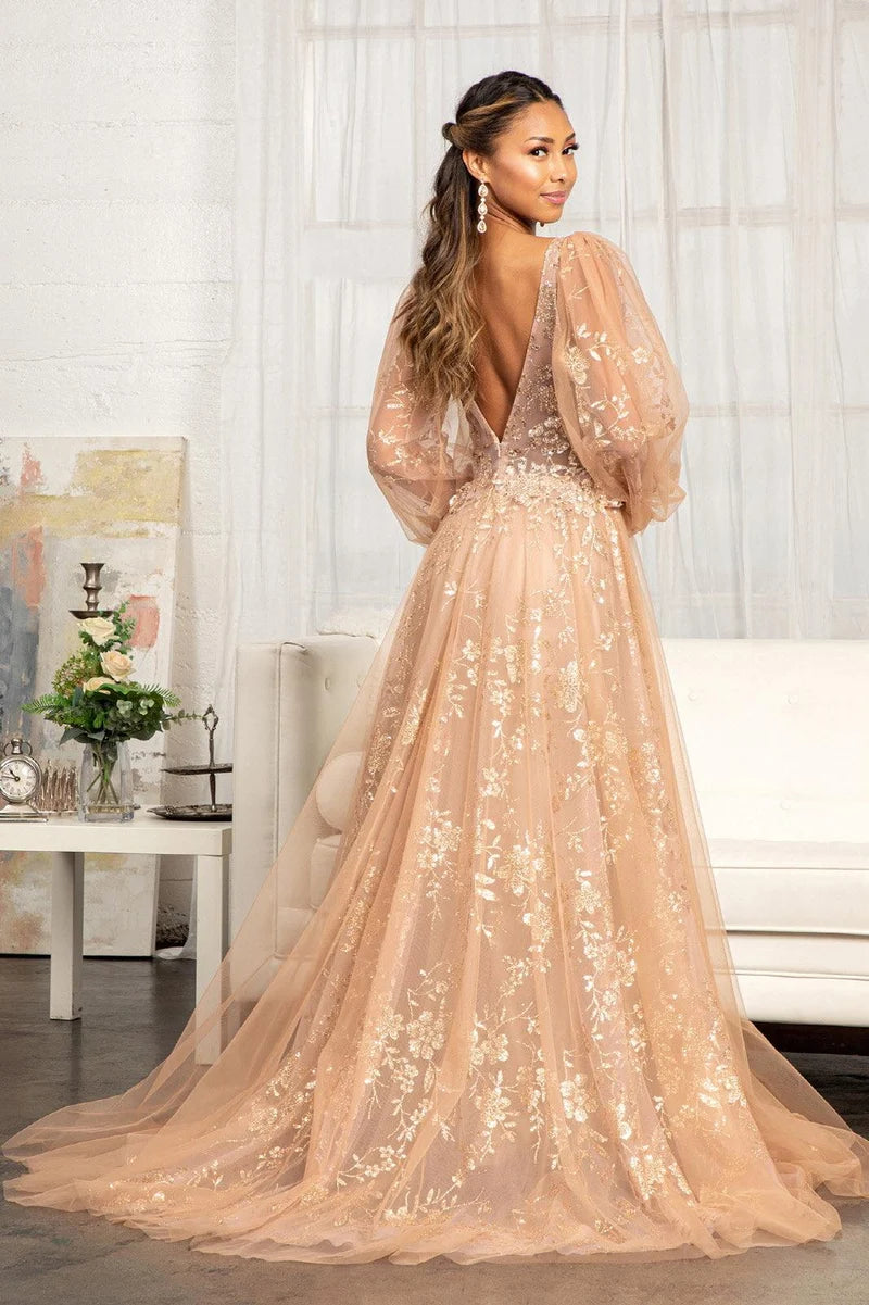 Elegant Glitter A-Line V-Neck Long-Sleeve V-Back Floor-Length Evening Dress