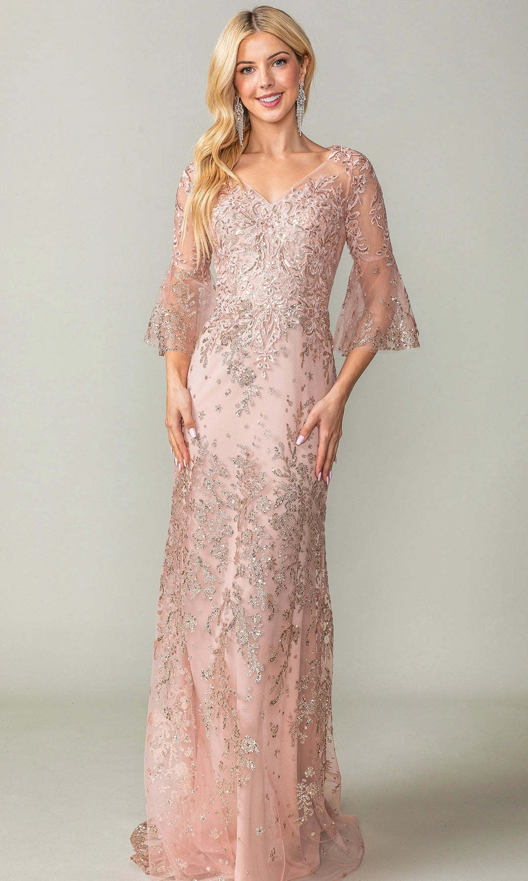 Elegant Sheath V Neck Bell Sleeve Embroidered Tulle Floor Length Evening Dress