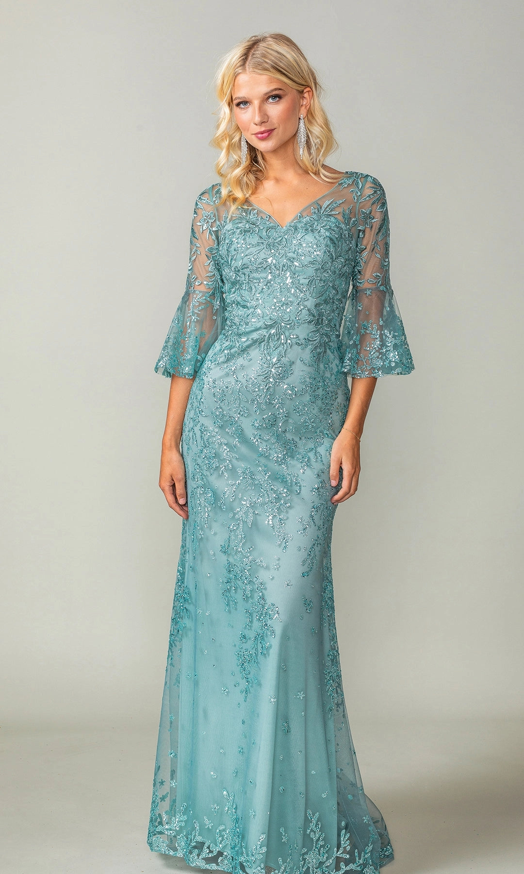 Elegant Sheath V Neck Bell Sleeve Embroidered Tulle Floor Length Evening Dress