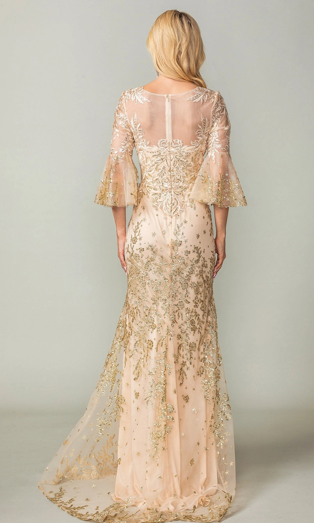Elegant Sheath V Neck Bell Sleeve Embroidered Tulle Floor Length Evening Dress