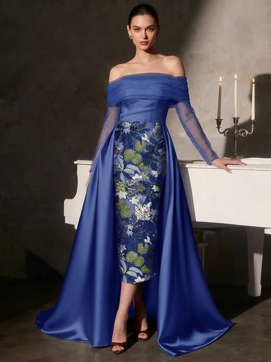 Elegant Sheath Off Shoulder Long Sleeve Satin Midi Evening Dress