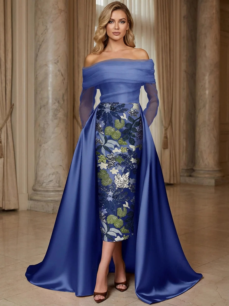 Elegant Sheath Off Shoulder Long Sleeve Satin Midi Evening Dress
