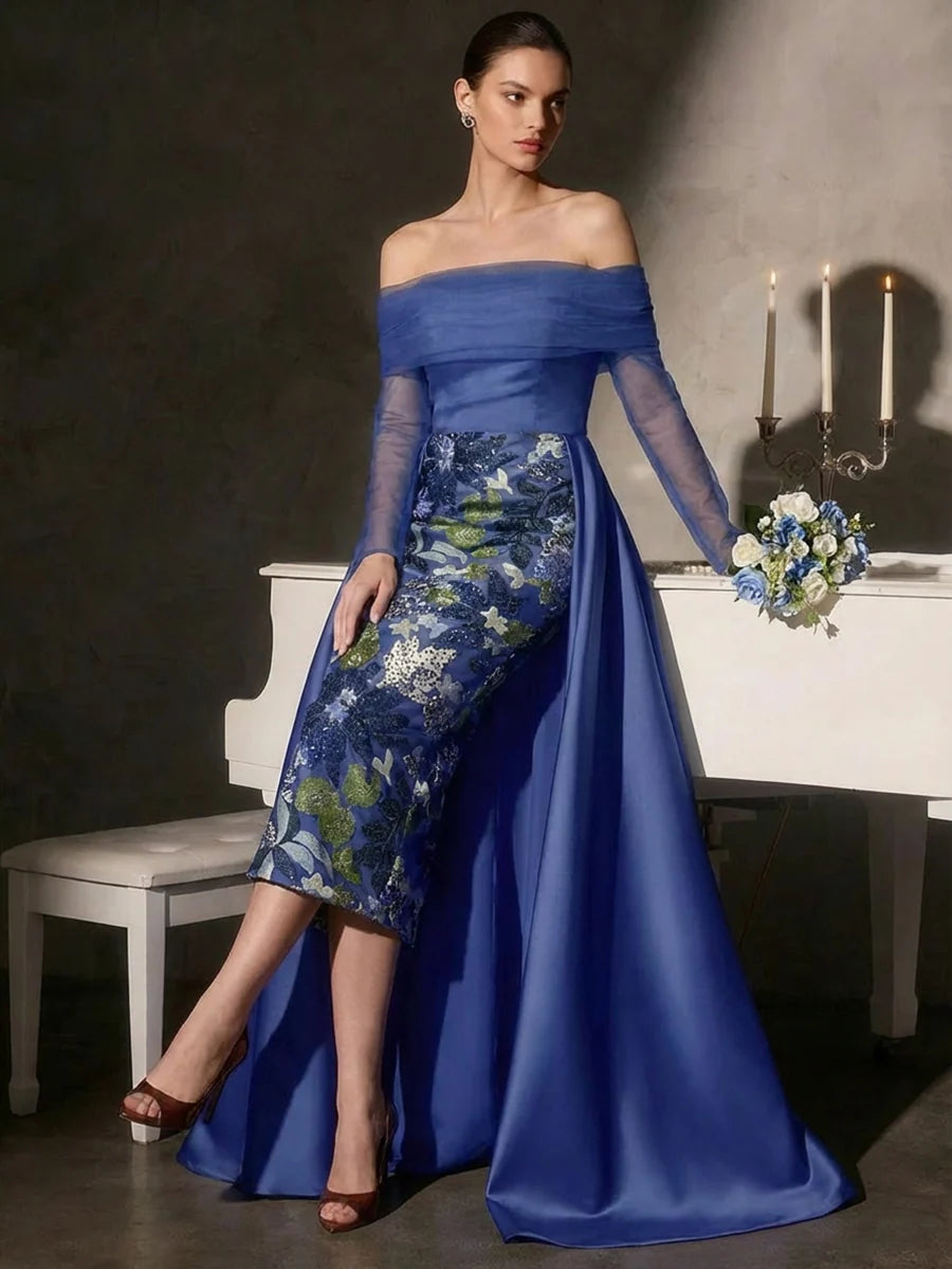 Elegant Sheath Off Shoulder Long Sleeve Satin Midi Evening Dress