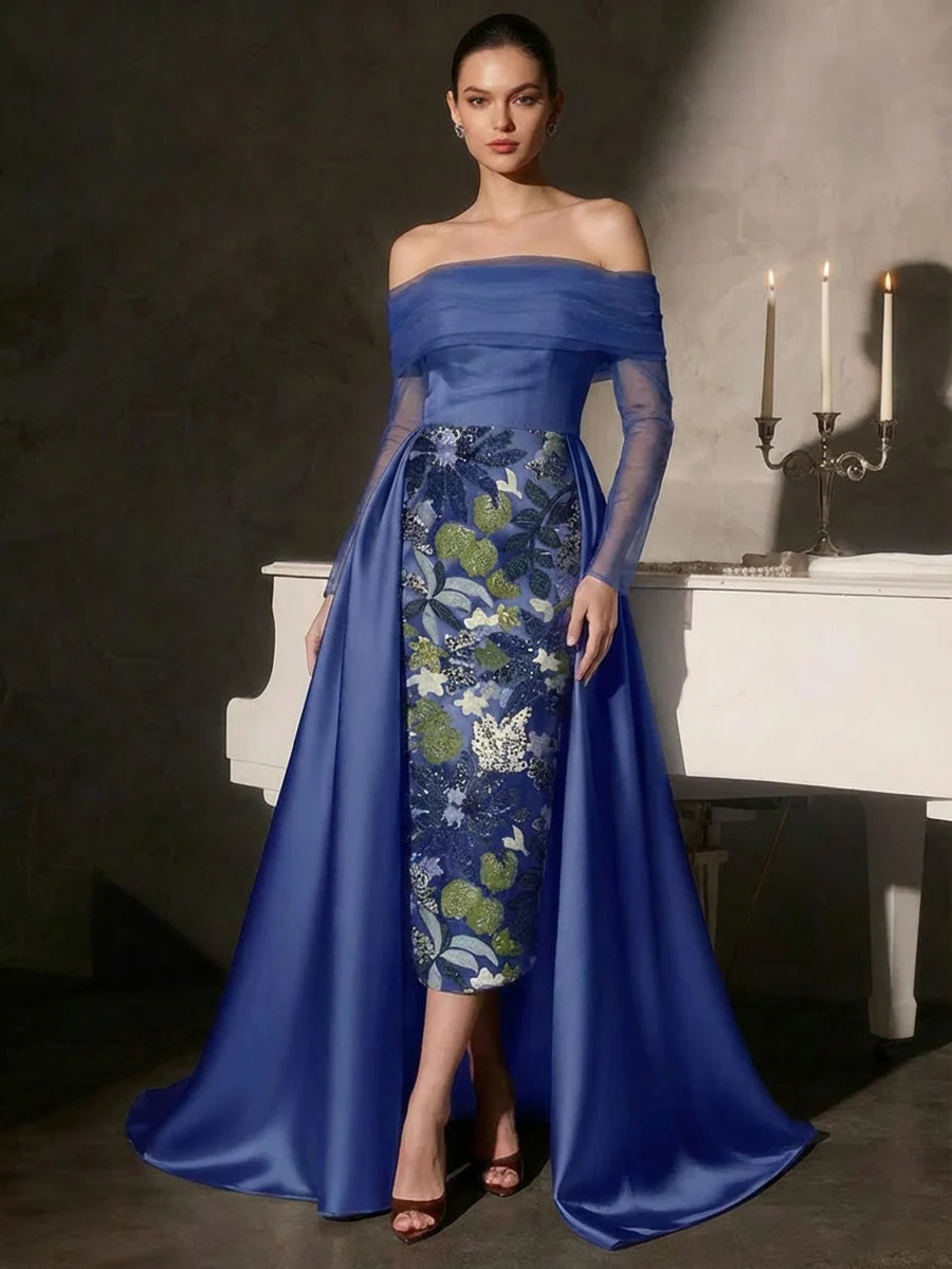 Elegant Sheath Off Shoulder Long Sleeve Satin Midi Evening Dress