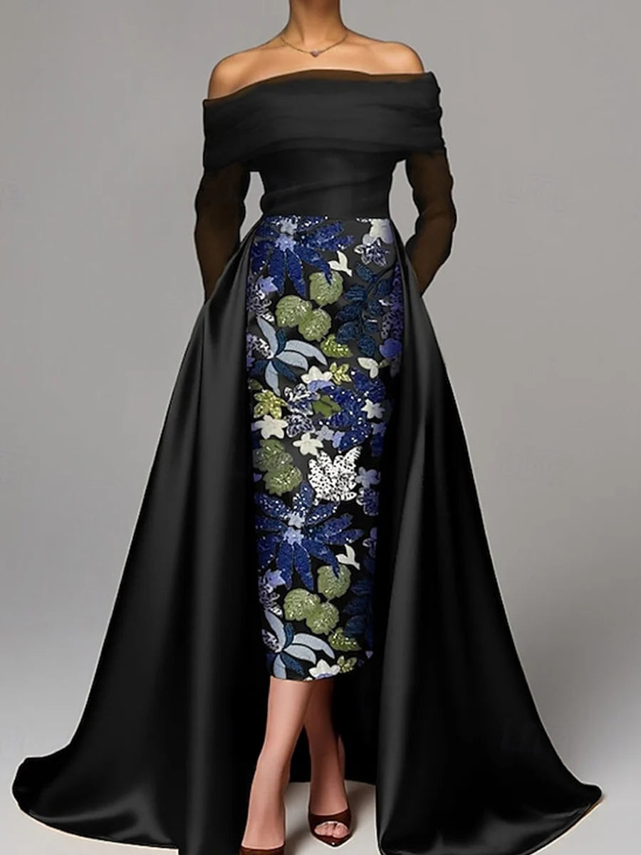 Elegant Sheath Off Shoulder Long Sleeve Satin Midi Evening Dress