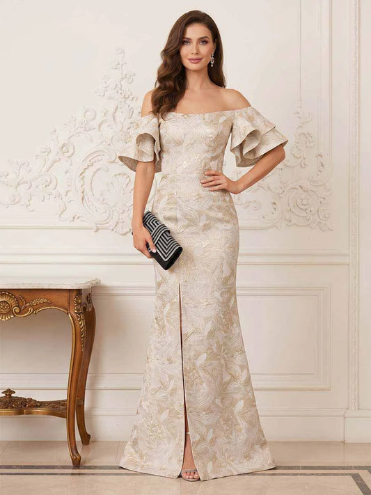Loverlm champagne gold floral mermaid evening dress front view with off shoulder ruffle sleeves, fitted waist and front slit