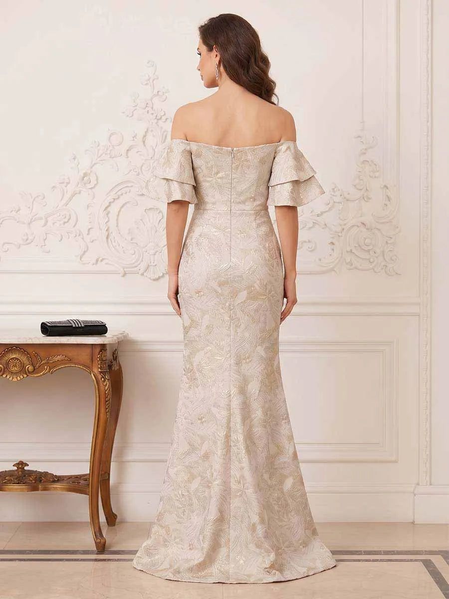 Elegant Mermaid Off Shoulder Ruffle Sleeves Zipper Back Maxi Evening Dress