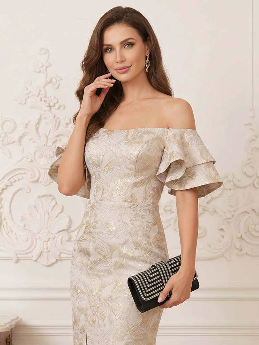 Elegant Mermaid Off Shoulder Ruffle Sleeves Zipper Back Maxi Evening Dress