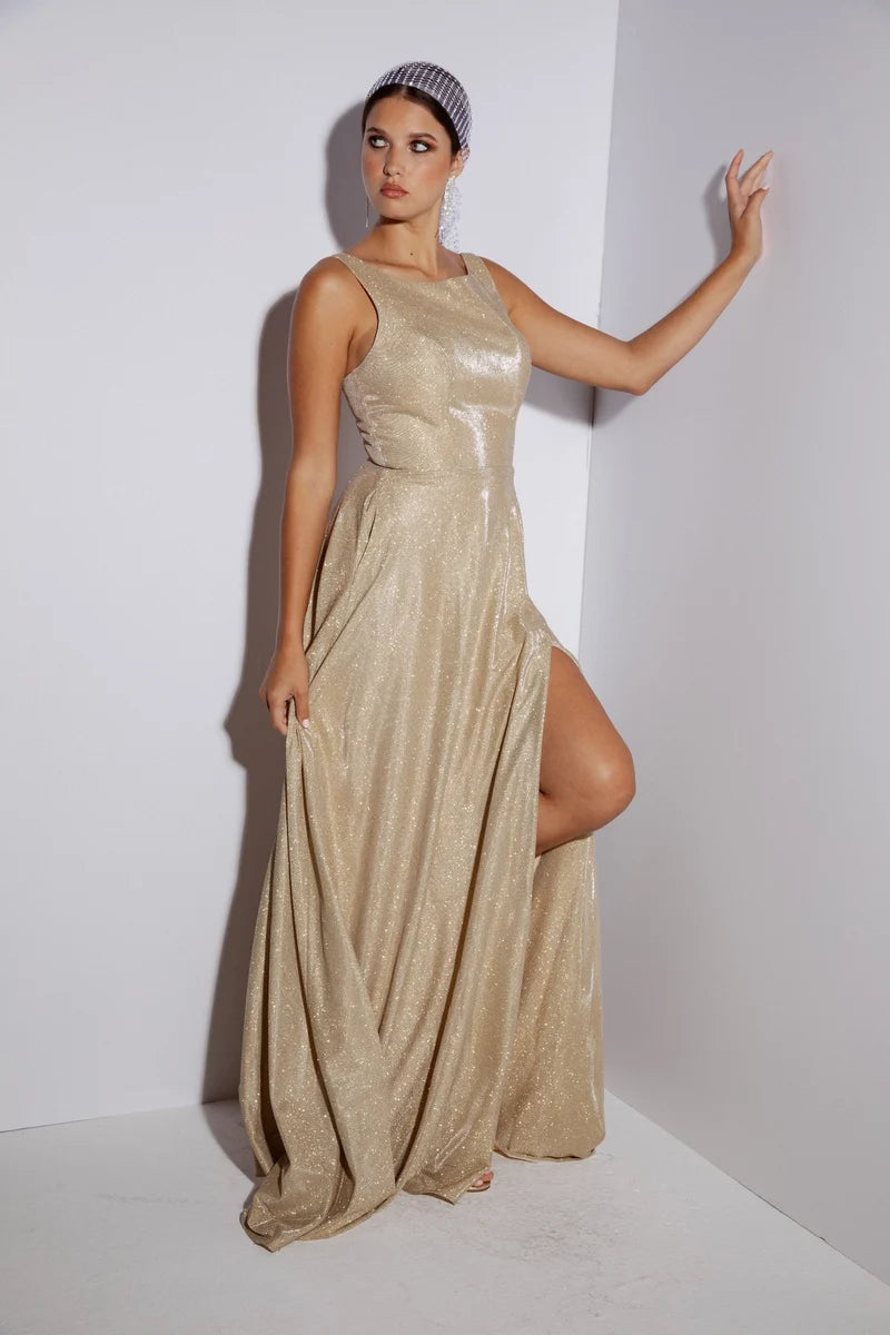Loverlm champagne gold glitter A-line floor-length prom dress with high slit