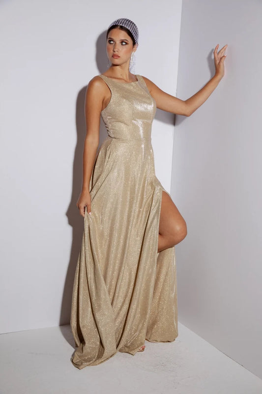 Loverlm champagne gold glitter A-line floor-length prom dress with high slit