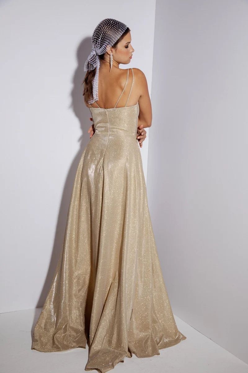Elegant A-Line Bateau-Neck Sleeveless Low-Back Glitter Floor-Length Prom Dress