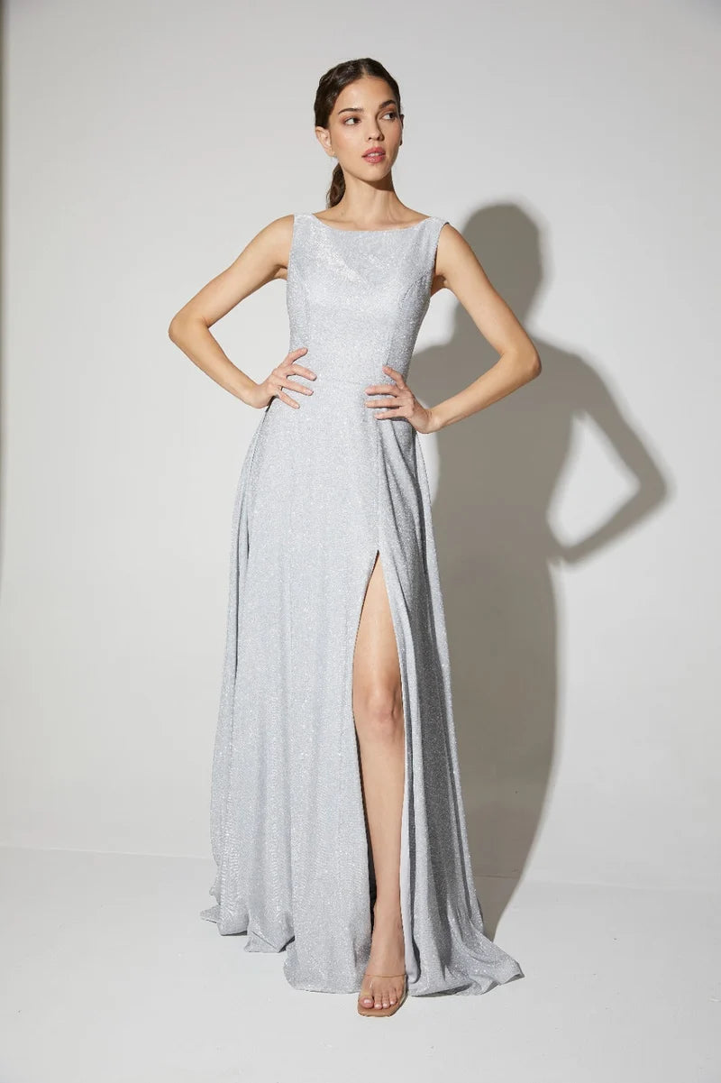 Elegant A-Line Bateau-Neck Sleeveless Low-Back Glitter Floor-Length Prom Dress