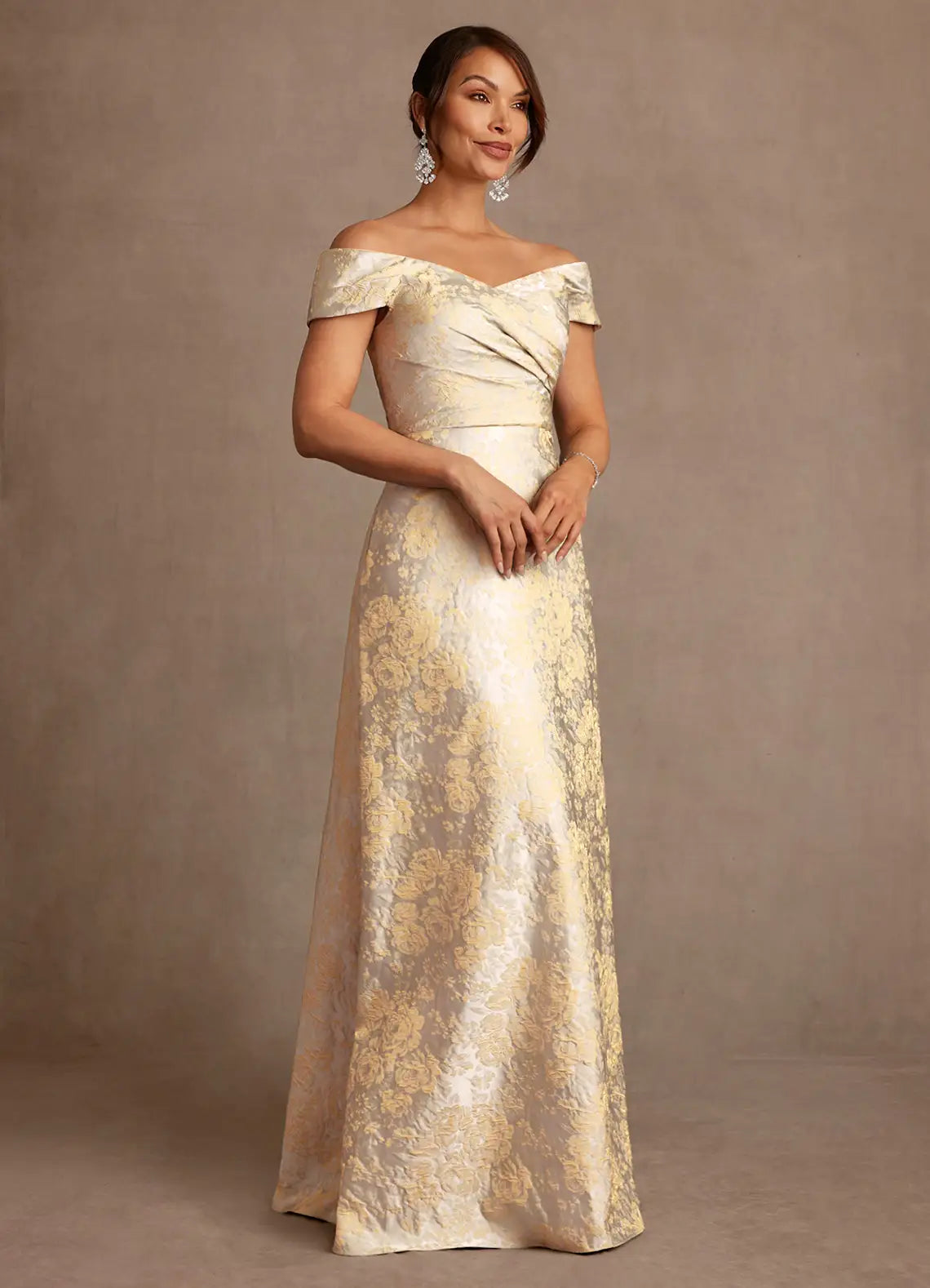 Loverlm champagne gold jacquard mother of the bride dress with off shoulder neckline, draped bodice, short sleeves and floor length A-line skirt