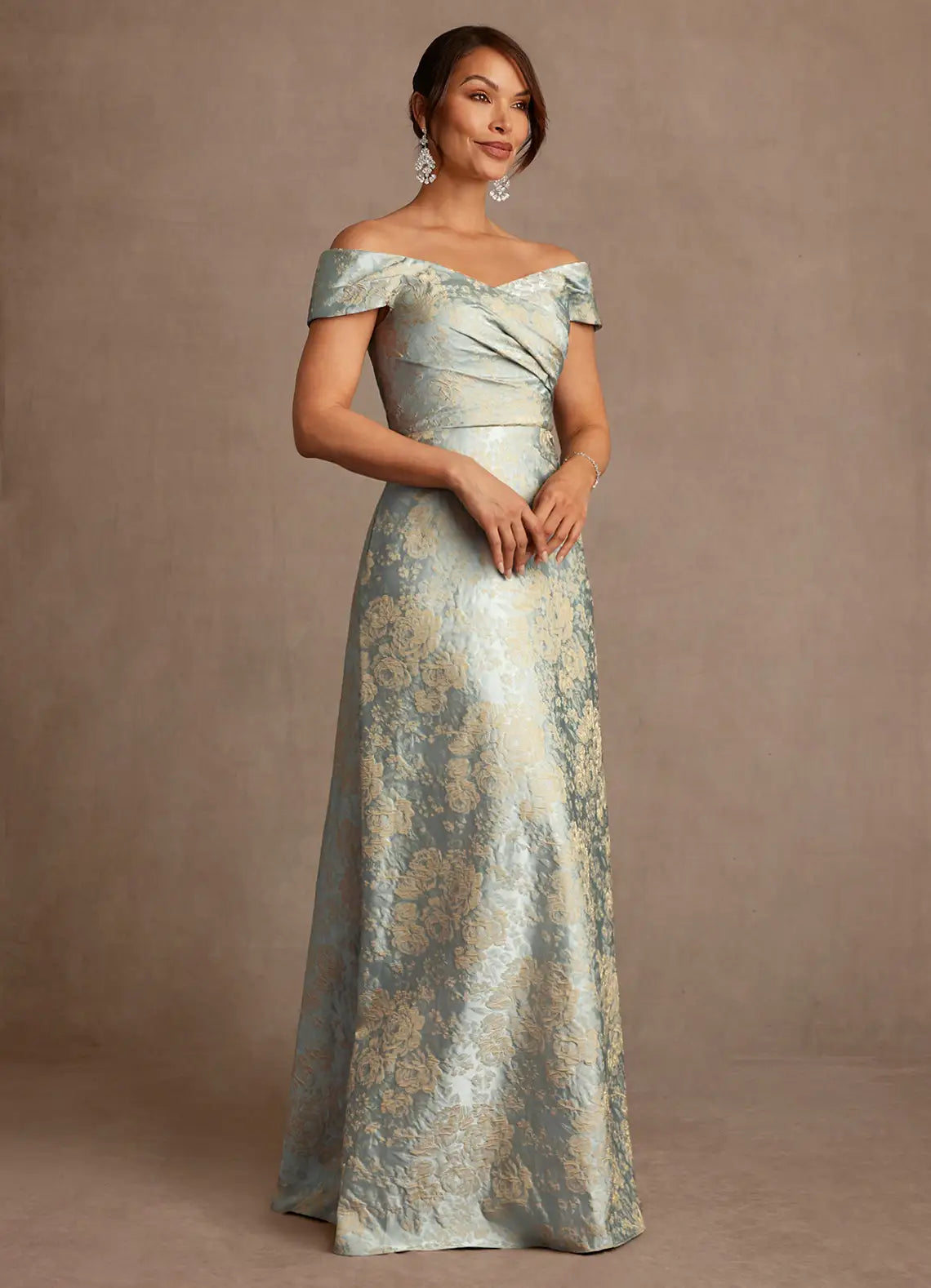 Elegant A-Line Off Shoulder Short Sleeve Lace-Up Floor Length Mother of the Bride Dress