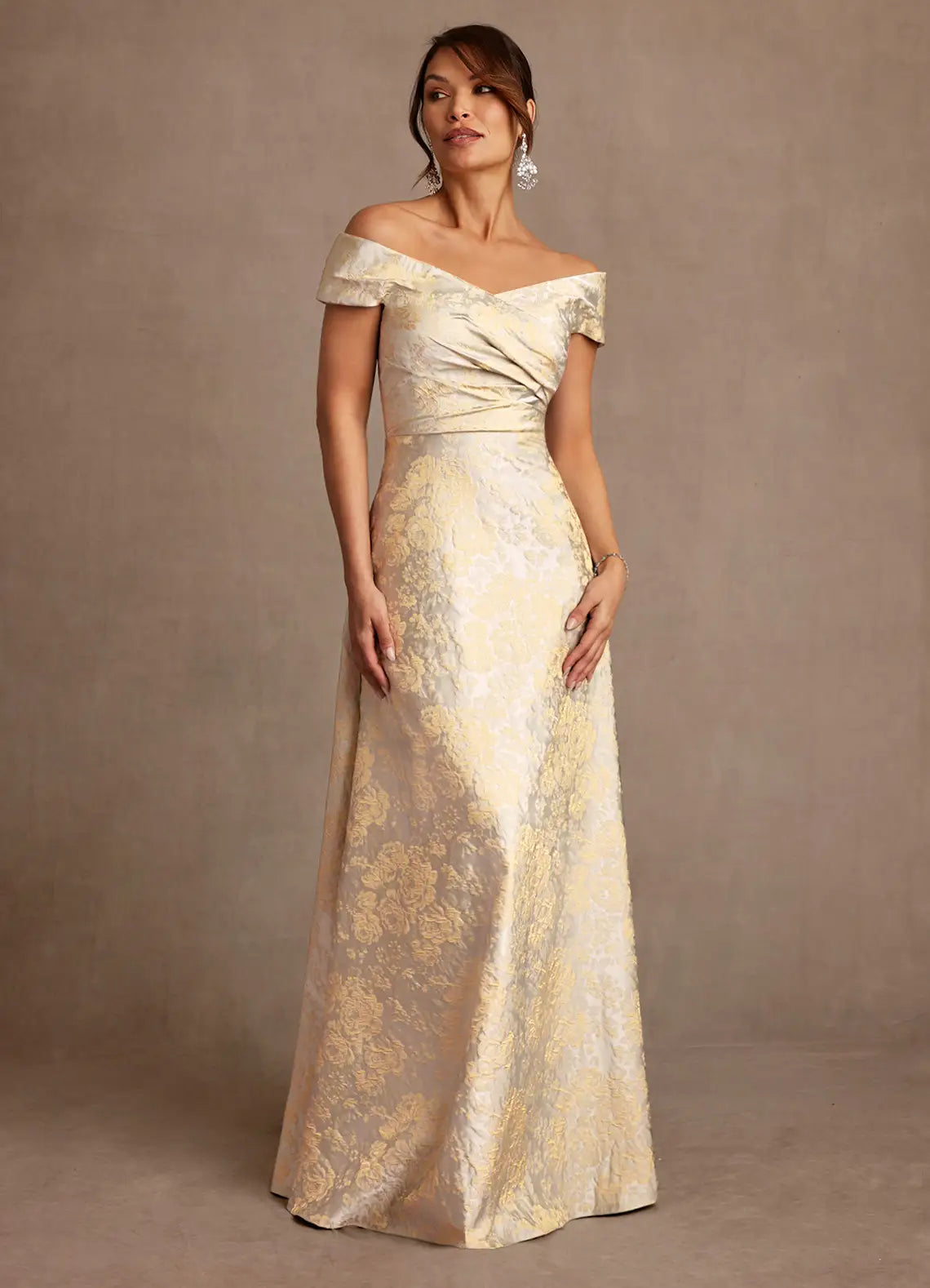 Elegant A-Line Off Shoulder Short Sleeve Lace-Up Floor Length Mother of the Bride Dress