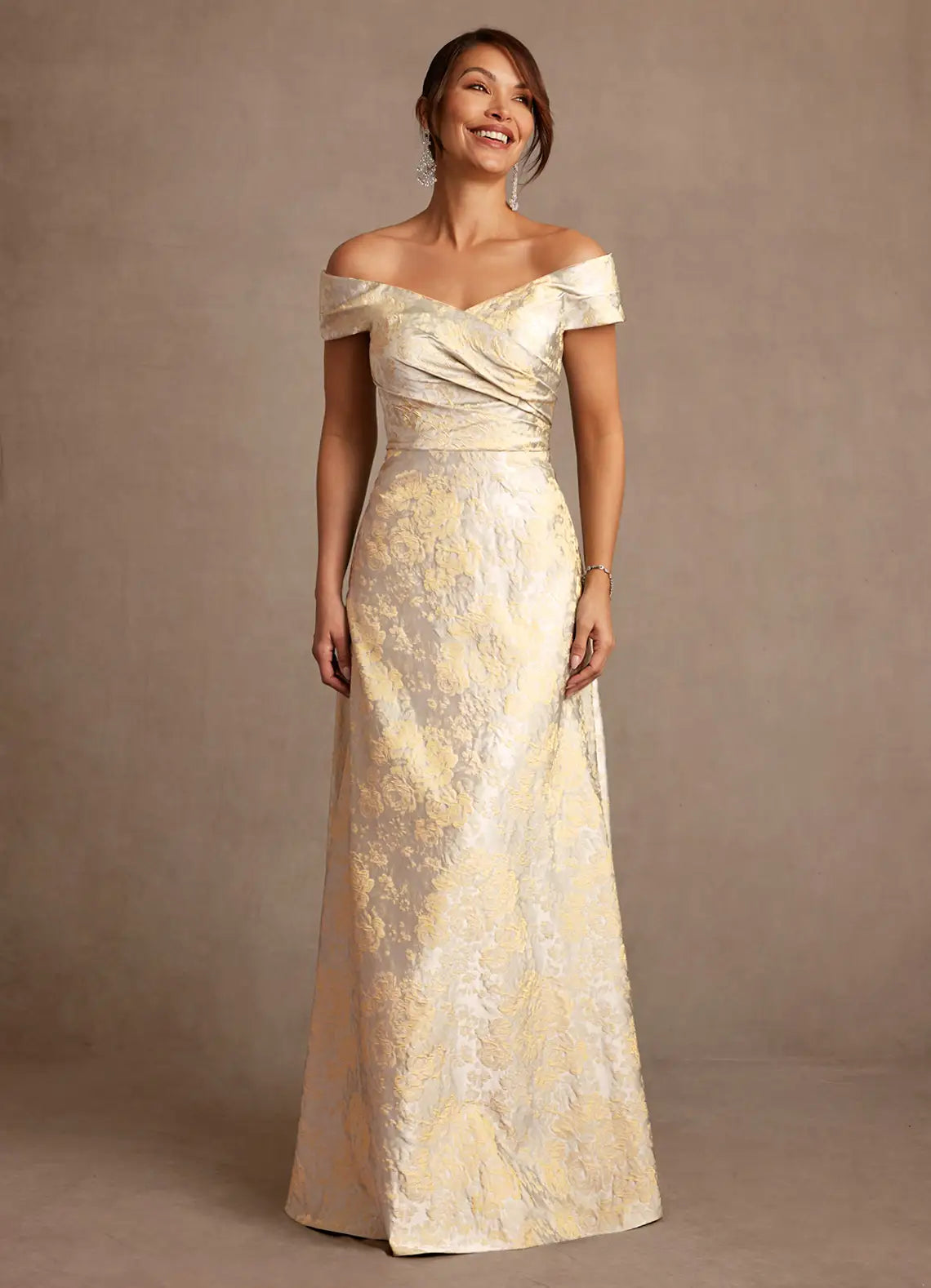 Elegant A-Line Off Shoulder Short Sleeve Lace-Up Floor Length Mother of the Bride Dress