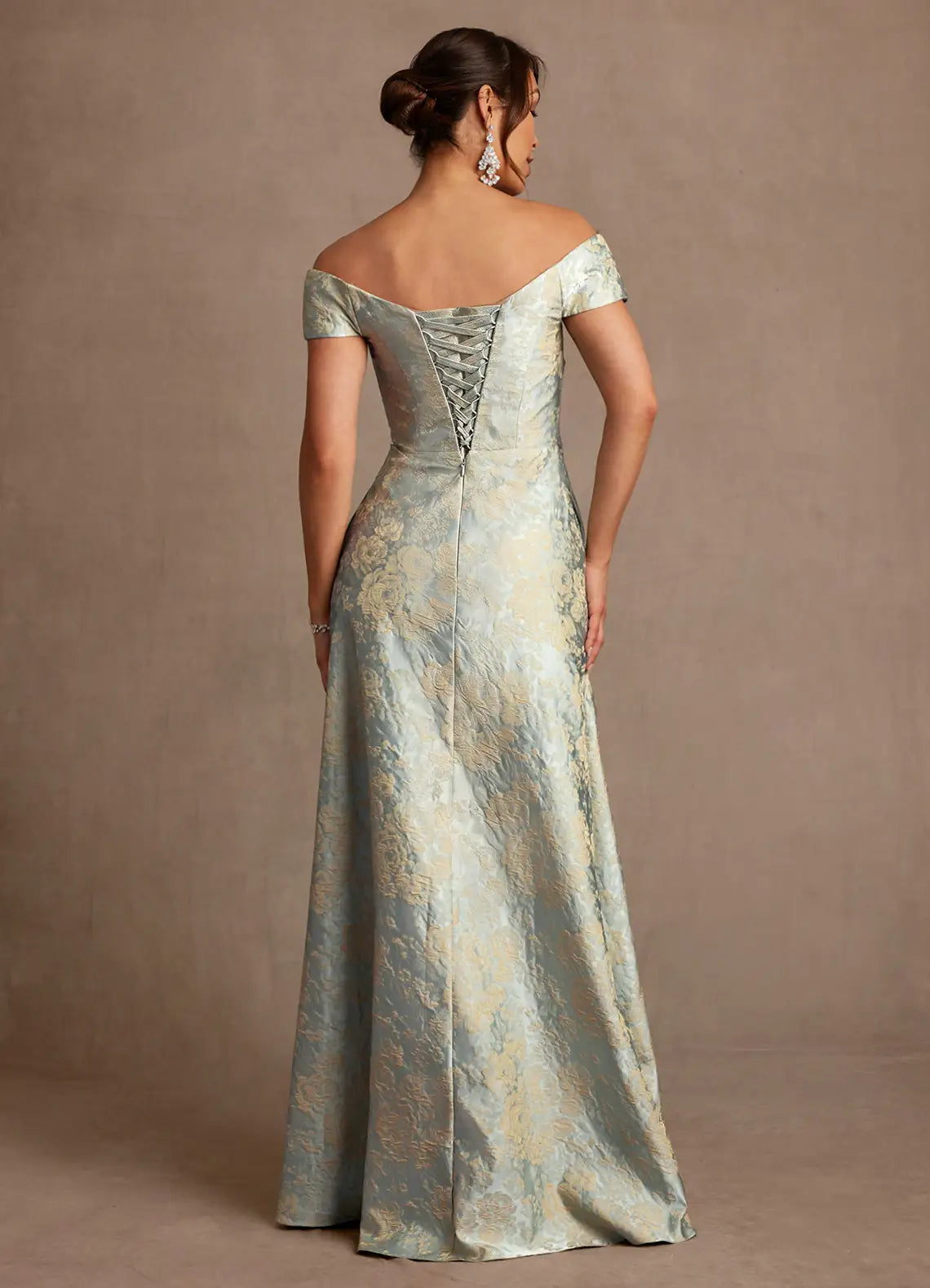 Elegant A-Line Off Shoulder Short Sleeve Lace-Up Floor Length Mother of the Bride Dress