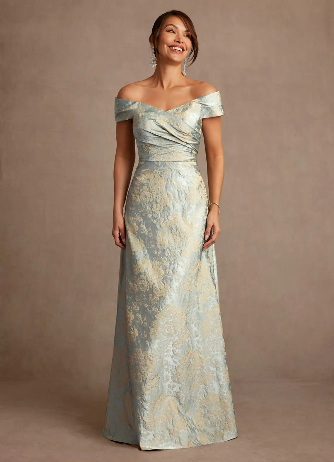 Elegant A-Line Off Shoulder Short Sleeve Lace-Up Floor Length Mother of the Bride Dress