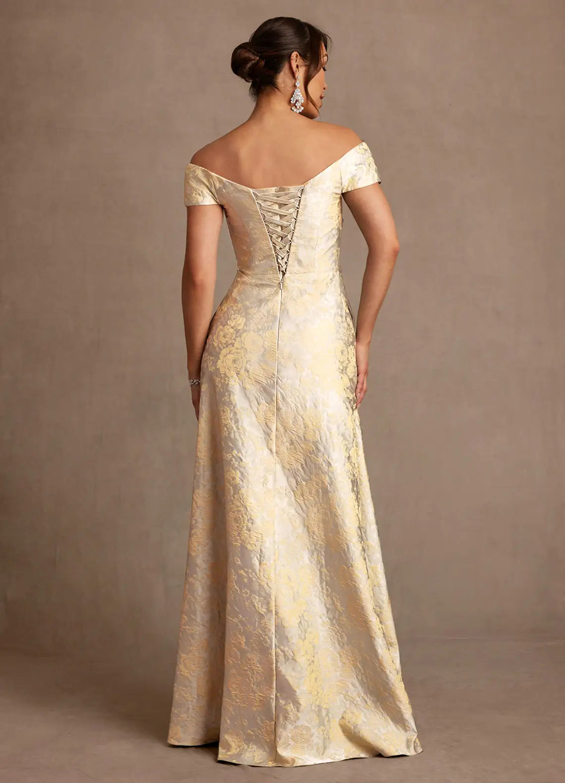 Elegant A-Line Off Shoulder Short Sleeve Lace-Up Floor Length Mother of the Bride Dress
