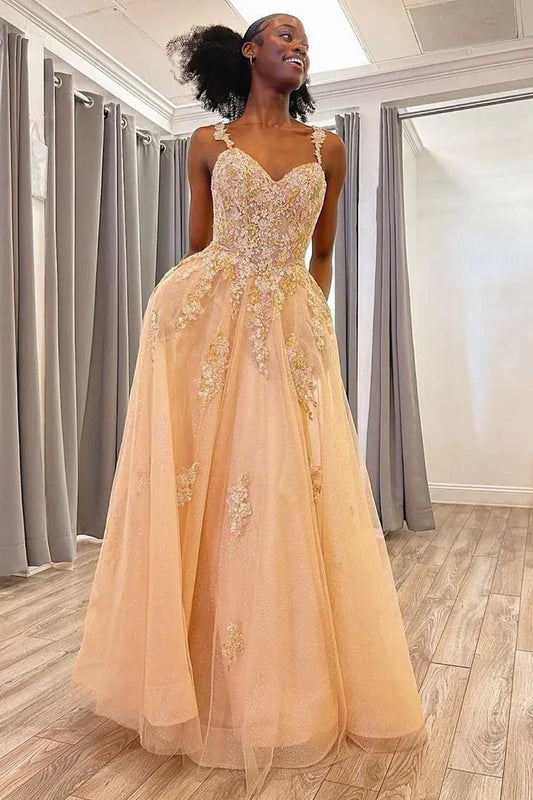Loverlm champagne gold A-line tulle prom dress with lace sweetheart bodice