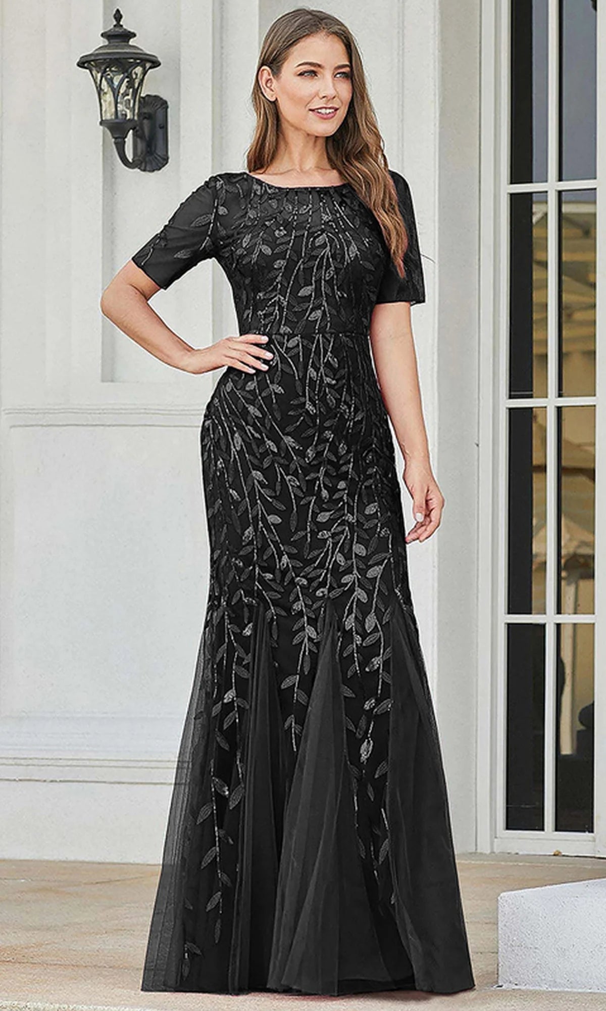 Elegant Mermaid Scoop Neck Short Sleeve Tulle Floor Length Evening Dress