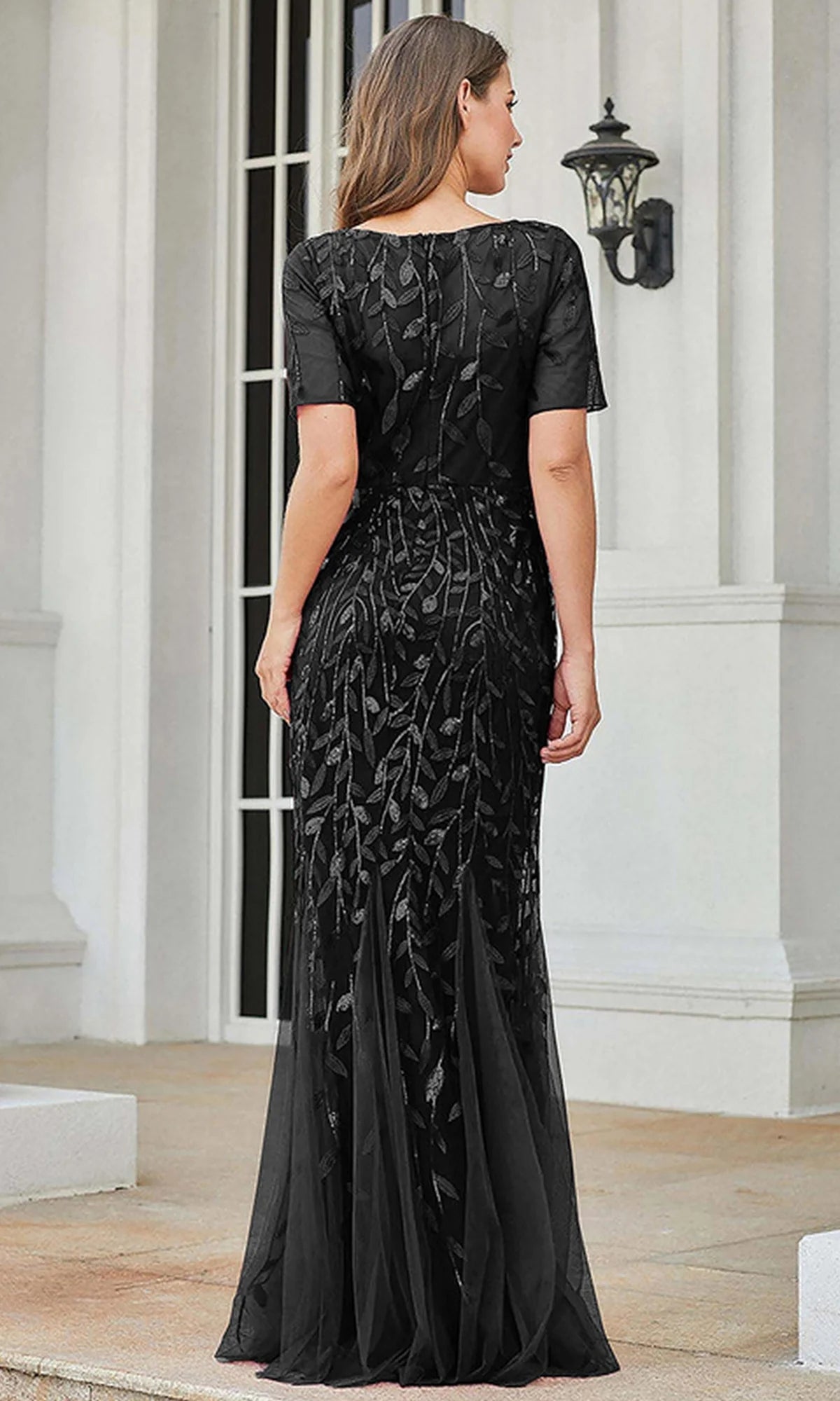 Elegant Mermaid Scoop Neck Short Sleeve Tulle Floor Length Evening Dress