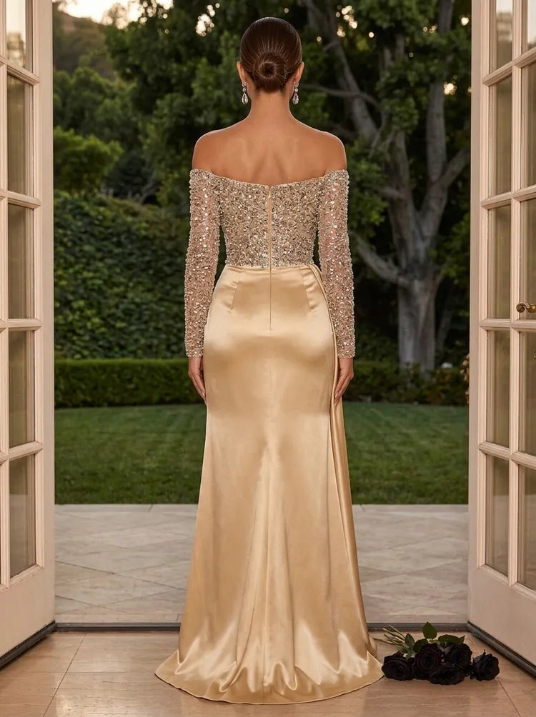 Glamorous Column Off-Shoulder Long-Sleeve Sequin Satin Floor-Length Evening Dress