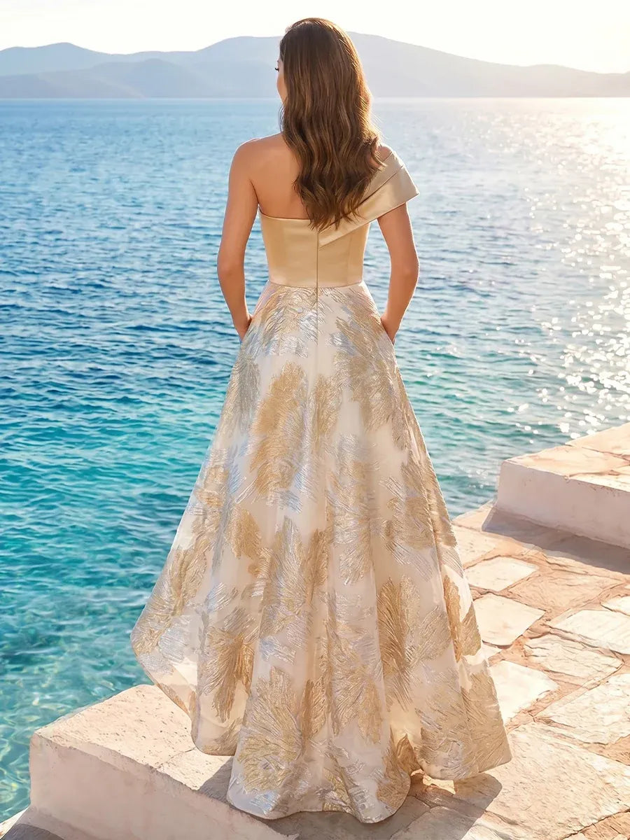 Elegant A-Line One Shoulder Asymmetric Back High Low Wedding Guest Dress