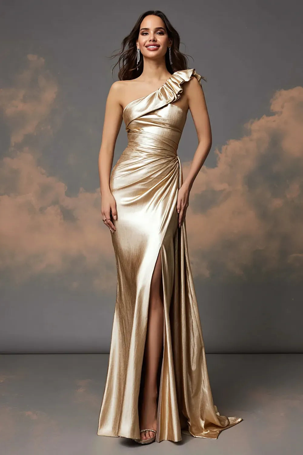 Loverlm champagne gold one shoulder evening dress with ruffle strap, ruched satin-look bodice, thigh-high slit and flowing side drape