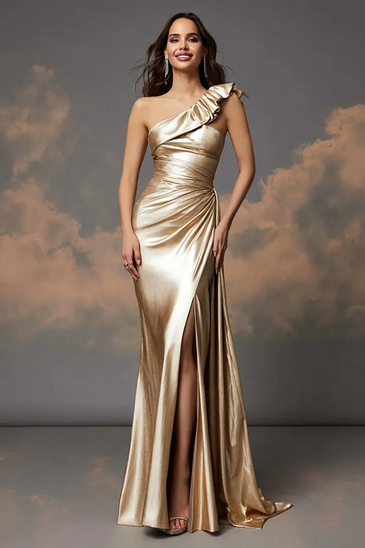 Loverlm champagne gold one shoulder evening dress with ruffle strap, ruched satin-look bodice, thigh-high slit and flowing side drape