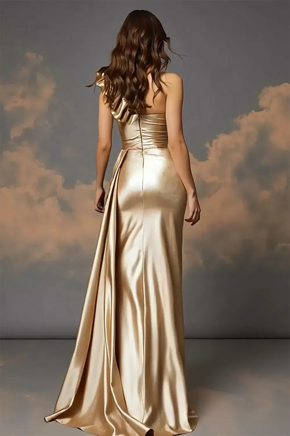 Elegant Sheath One Shoulder Sleeveless Zipper Back Slit Gold Evening Dress