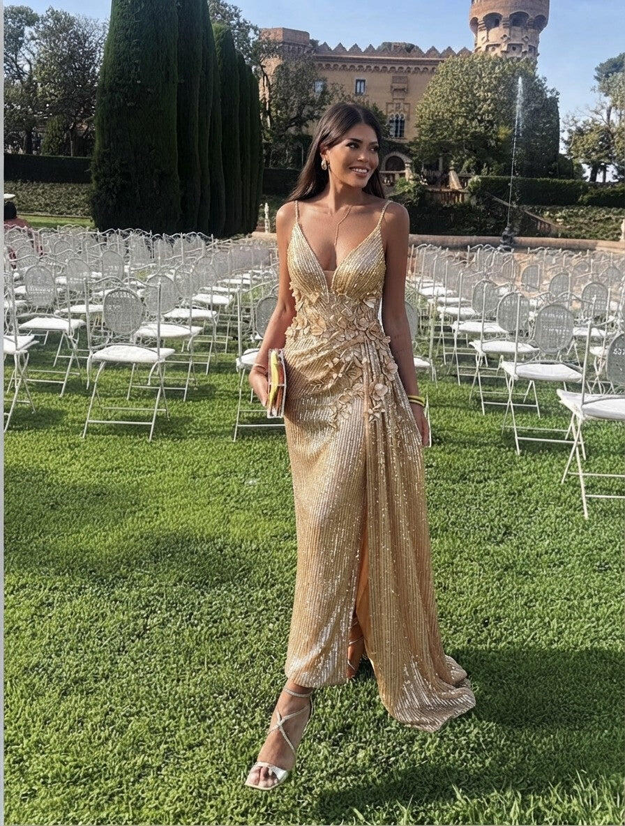 Glamorous Sheath Plunging V Neck Sleeveless Sequin Floor Length Evening Dress