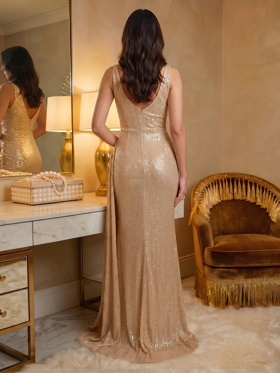 Glamorous Sheath Plunging V Neck Sleeveless Sequin Floor Length Evening Dress