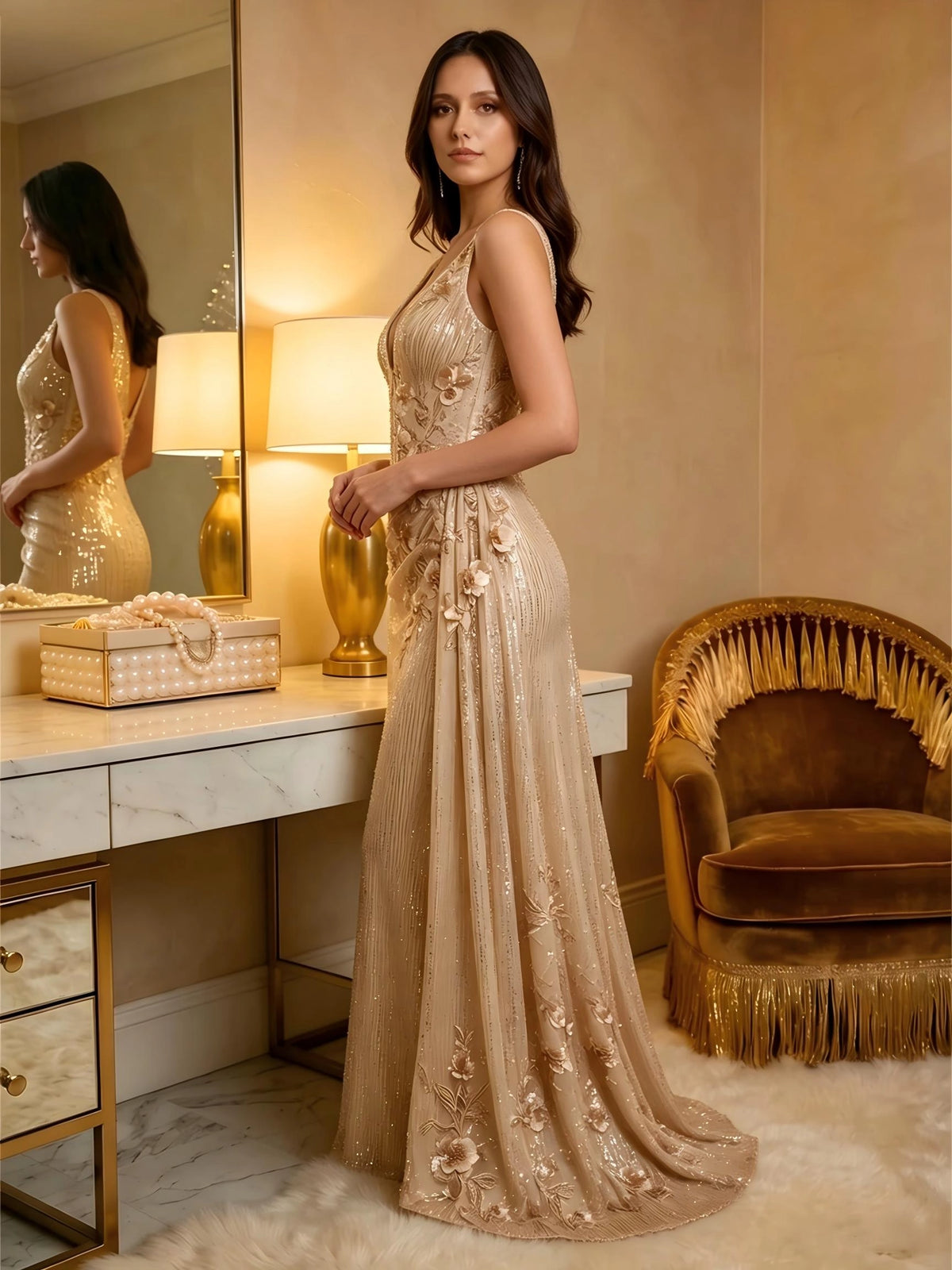Glamorous Sheath Plunging V Neck Sleeveless Sequin Floor Length Evening Dress