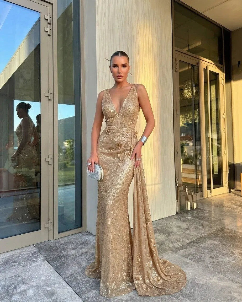 Glamorous Sheath Plunging V Neck Sleeveless Sequin Floor Length Evening Dress