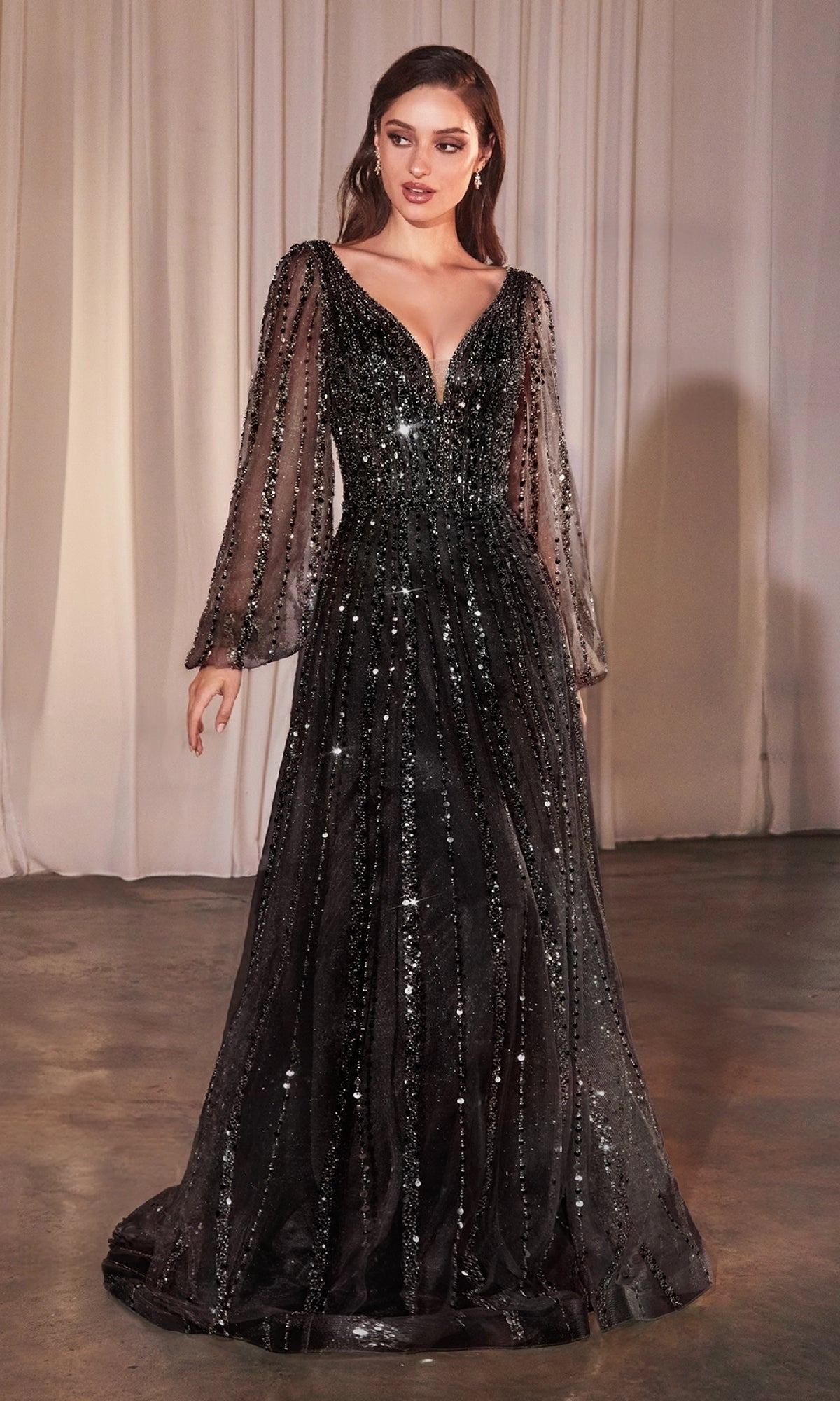 Glamorous A Line V Neck Long Sleeve Sequin Tulle Evening Dress
