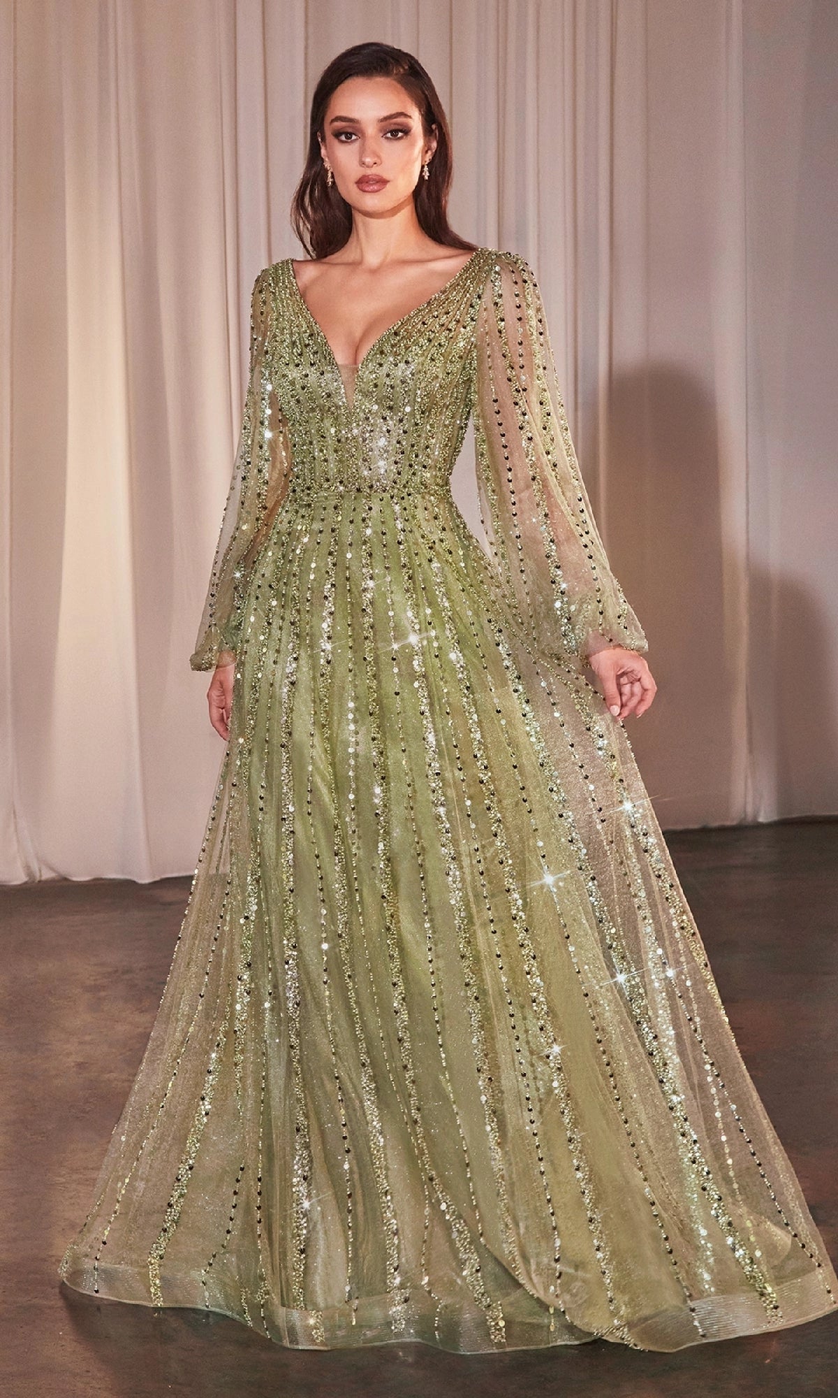 Glamorous A Line V Neck Long Sleeve Sequin Tulle Evening Dress