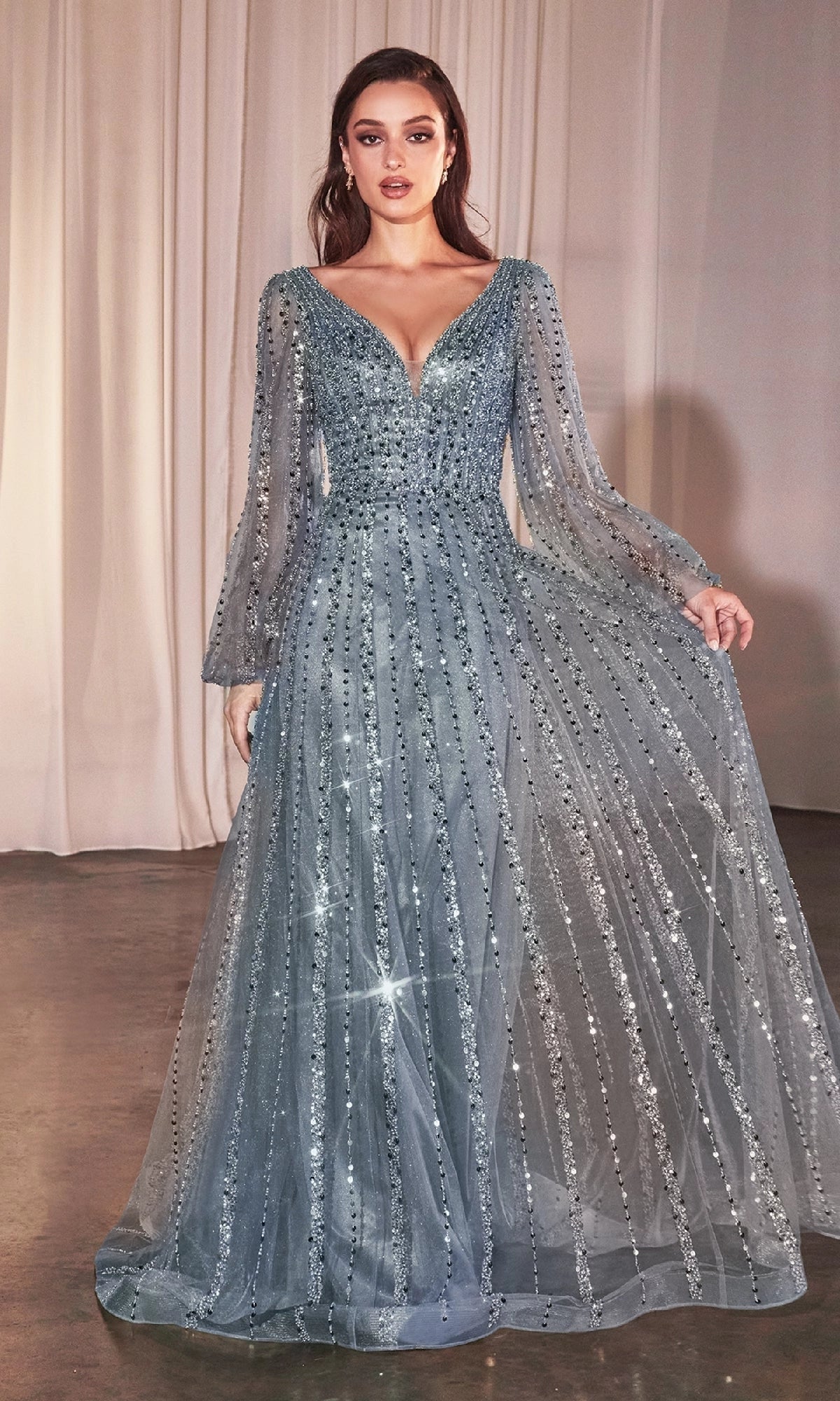 Glamorous A Line V Neck Long Sleeve Sequin Tulle Evening Dress