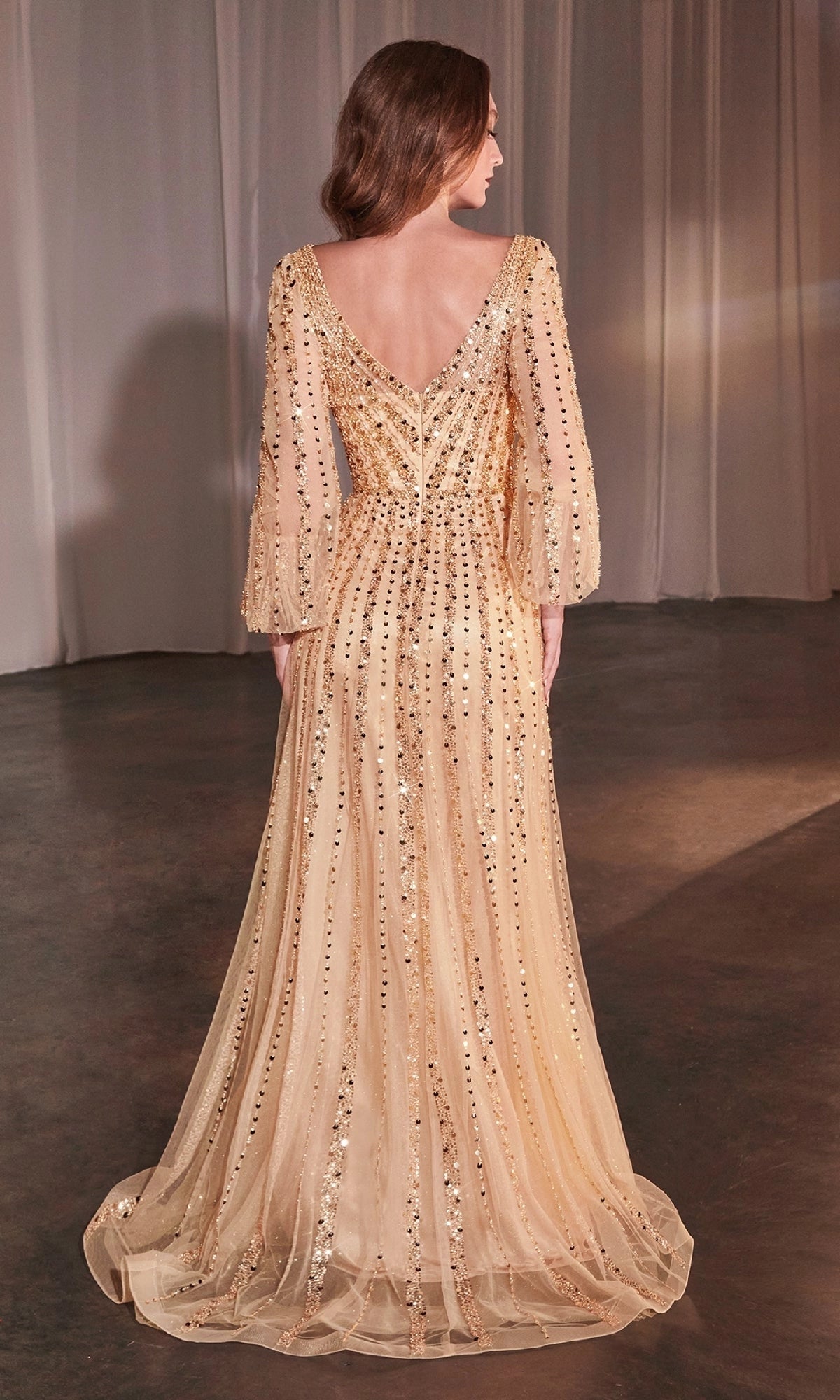 Glamorous A Line V Neck Long Sleeve Sequin Tulle Evening Dress