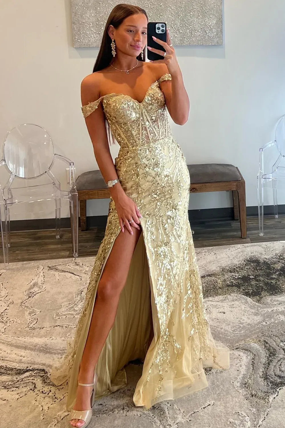 Loverlm champagne gold sequin mermaid prom dress with sweetheart corset bodice and slit
