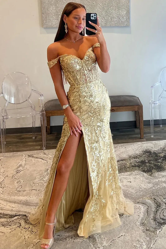 Loverlm champagne gold sequin mermaid prom dress with sweetheart corset bodice and slit